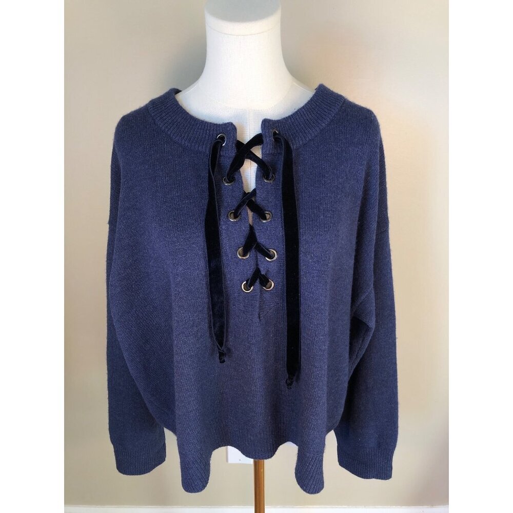 Rails Olivia Wool Cashmere Blend Velvet Lace Up Indigo Melange Sweater Size L